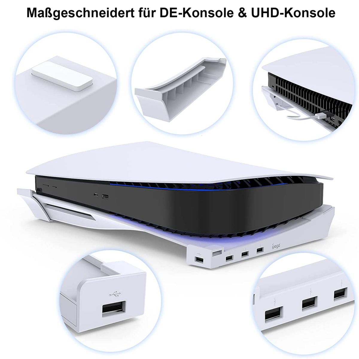 Weiße PlayStation 5-Konsole mit mehreren Komponenten, einschließlich Anschlüssen. Text: 'Maßgeschneidert...'