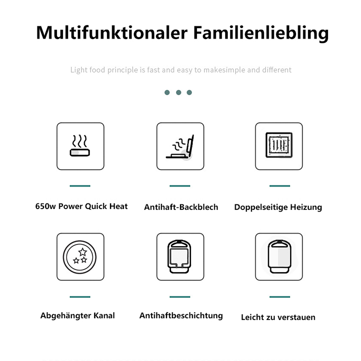 Symbole für Küchengeräte: Schnelle Hitze, Antihaftbeschichtung, doppelseitiges Heizen usw.