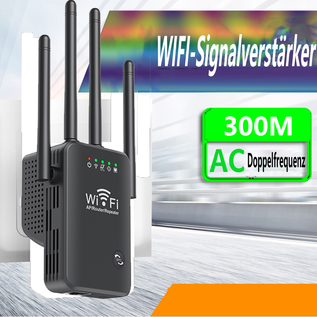 Ein schwarzer WLAN-Signalverstärker in einer Wandsteckdose.