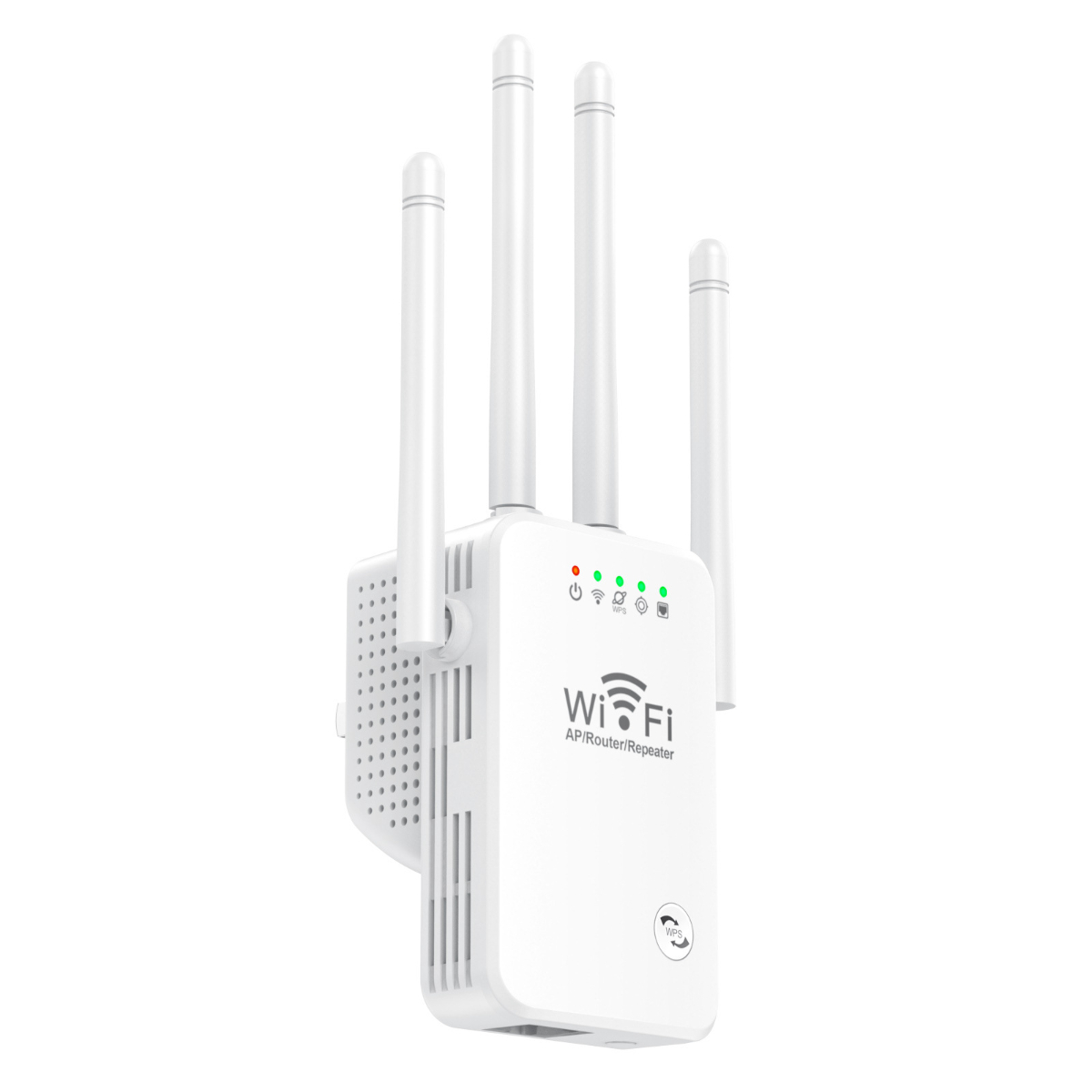 Ein weißes WiFi AP/Router/Repeater-Gerät mit vier Antennen, mit Kontrollleuchten auf weißem Hintergrund.