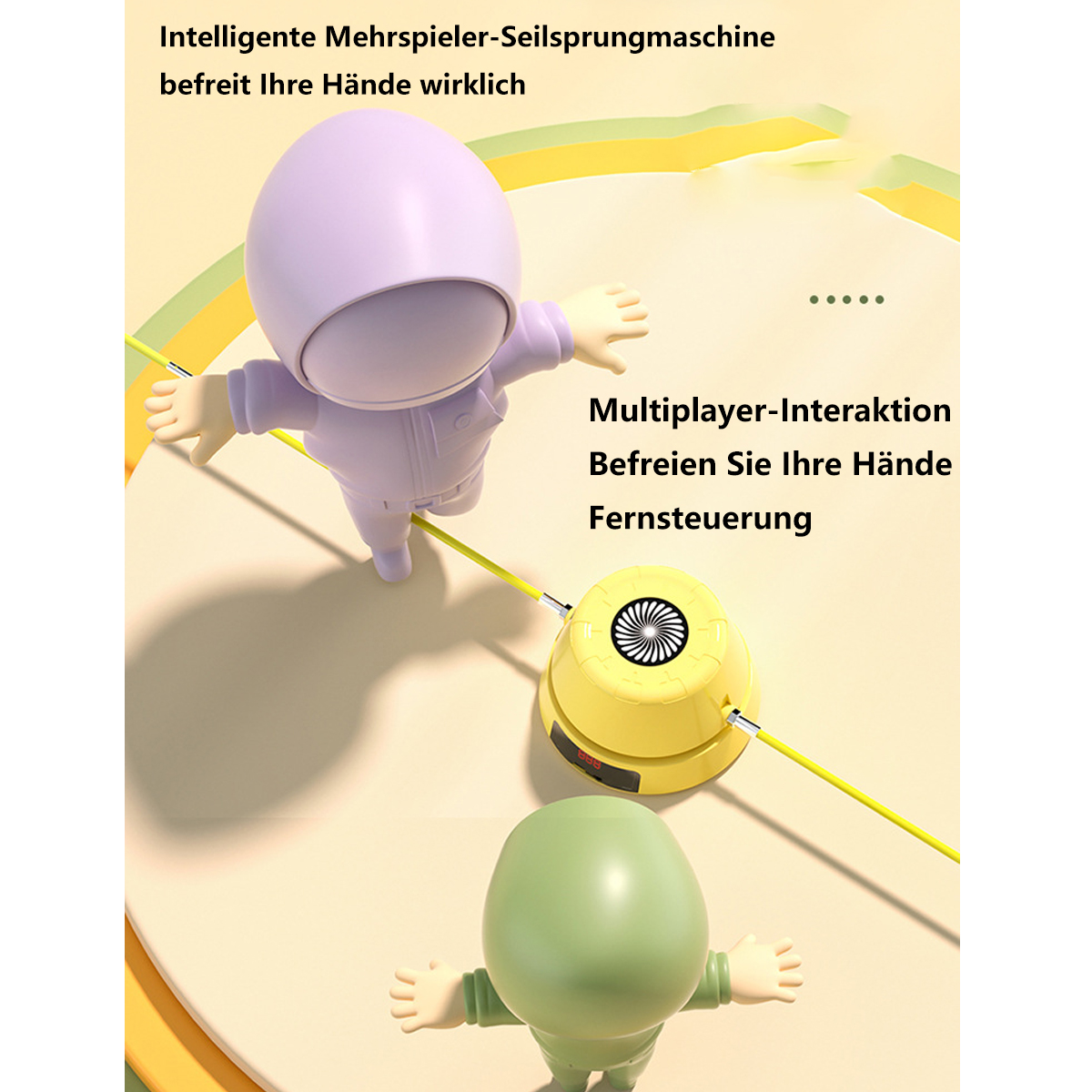 Zwei Cartoonfiguren mit einem gelben Springseil und einer gelben Springmaschine.