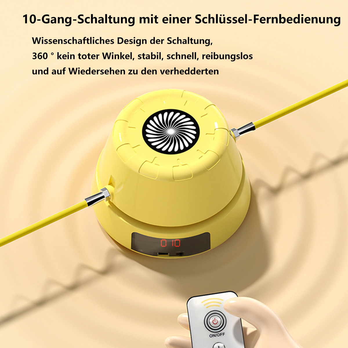Gelbes Springseilgerät mit Fernbedienung. Text auf Deutsch. Heller Hintergrund mit kreisförmigem Muster.