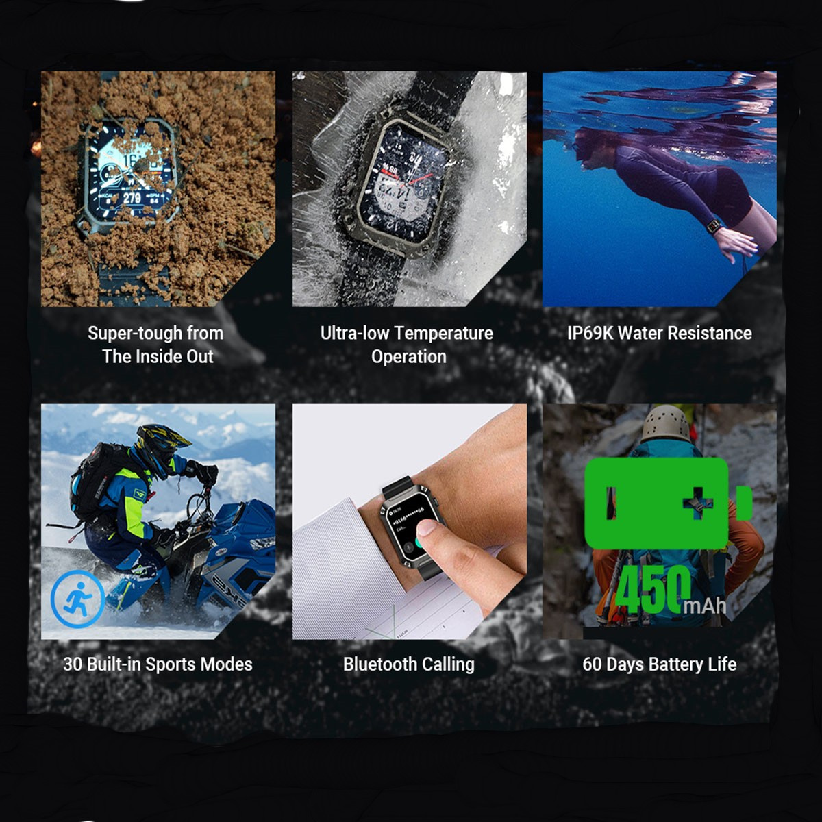 Smartwatch in mehreren Szenen, einschließlich Erde, Eis, Wasser und Handgelenk. Schwarzer Hintergrund.