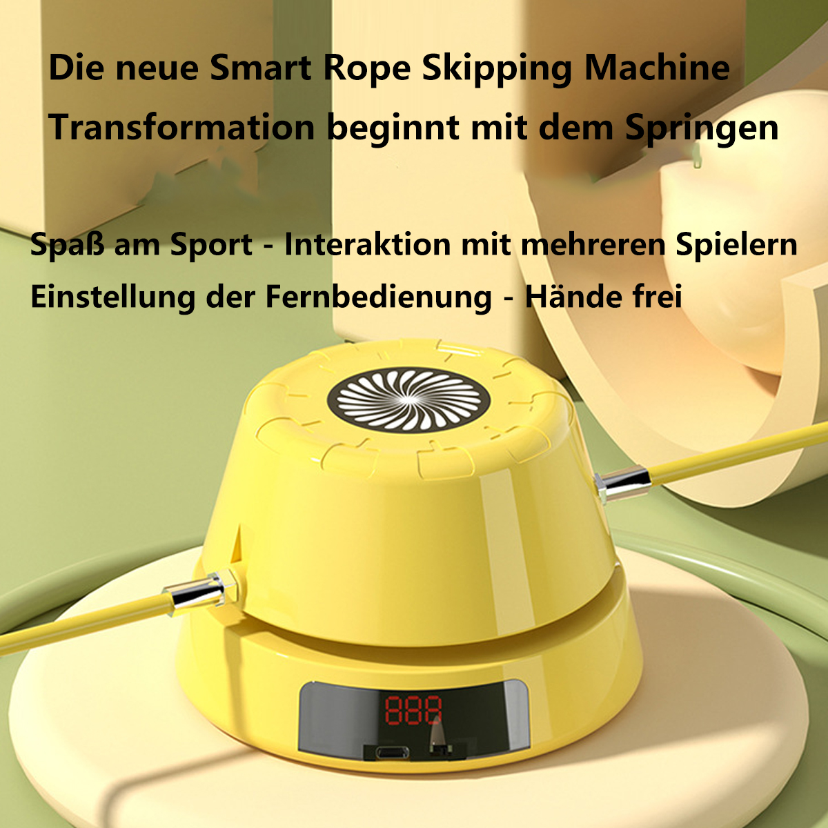Eine gelbe Springseilmaschine mit Digitalanzeige. Text auf Deutsch. Gelber Hintergrund.