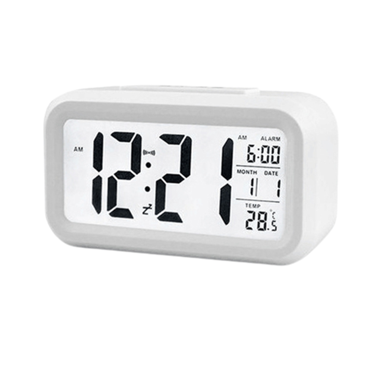 Wecker mit digitaler Anzeige von Zeit, Datum, Temperatur und AM/PM-Anzeige.