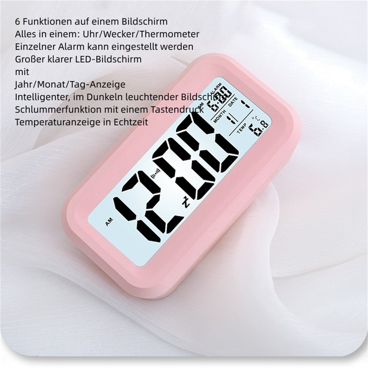 Pinkfarbener digitaler Wecker mit großem Display. Er befindet sich auf weißem Hintergrund, mit deutschem Text.