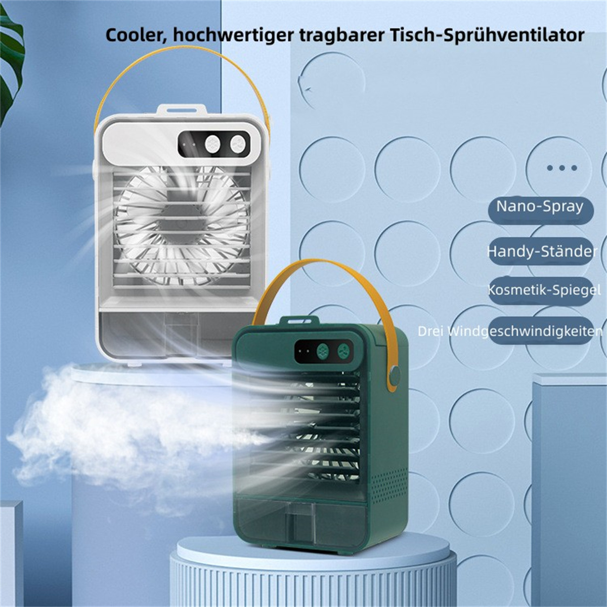 Zwei tragbare Luftkühler, einer läuft mit sichtbarem Nebel, mit aufgelisteten Funktionen.
