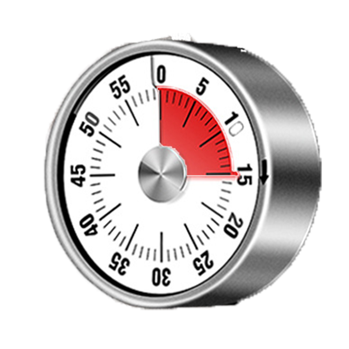 Silberner und weißer Küchentimer. Rotes Segment zeigt die vergangene Zeit an. Weißer Hintergrund.