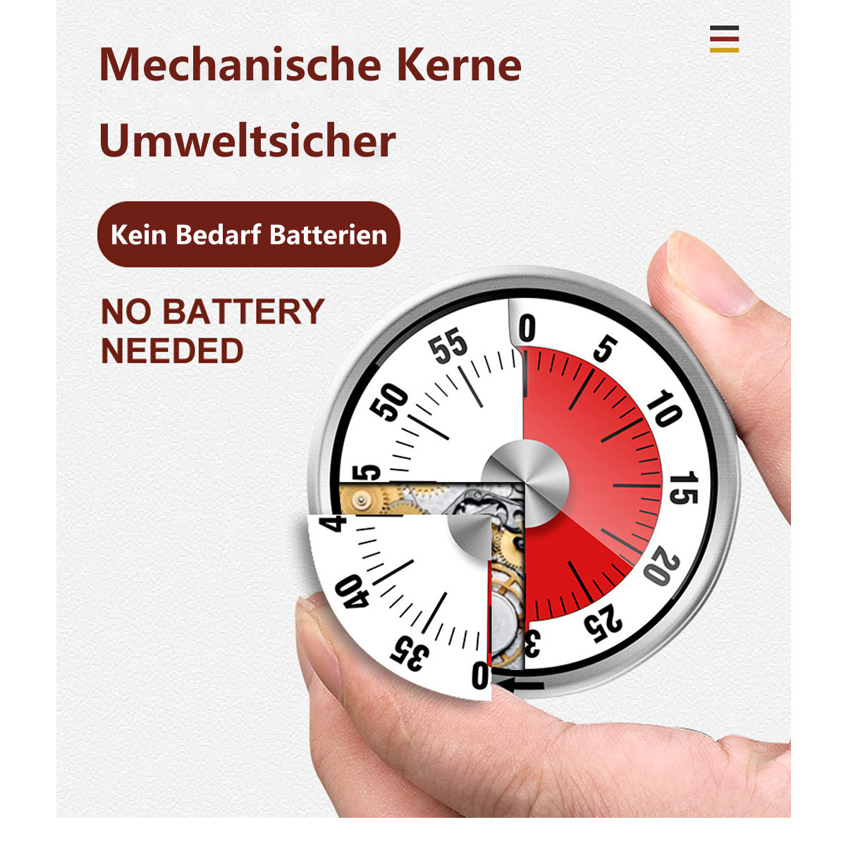 Hand hält einen Timer. Timer zeigt Mechanik und Zeit.