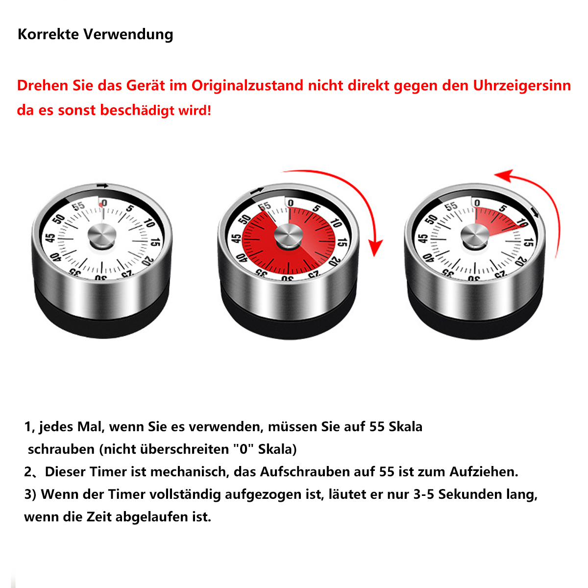 Drei Timer-Uhren, die verschiedene Nutzungsstadien mit Anweisungen zeigen.