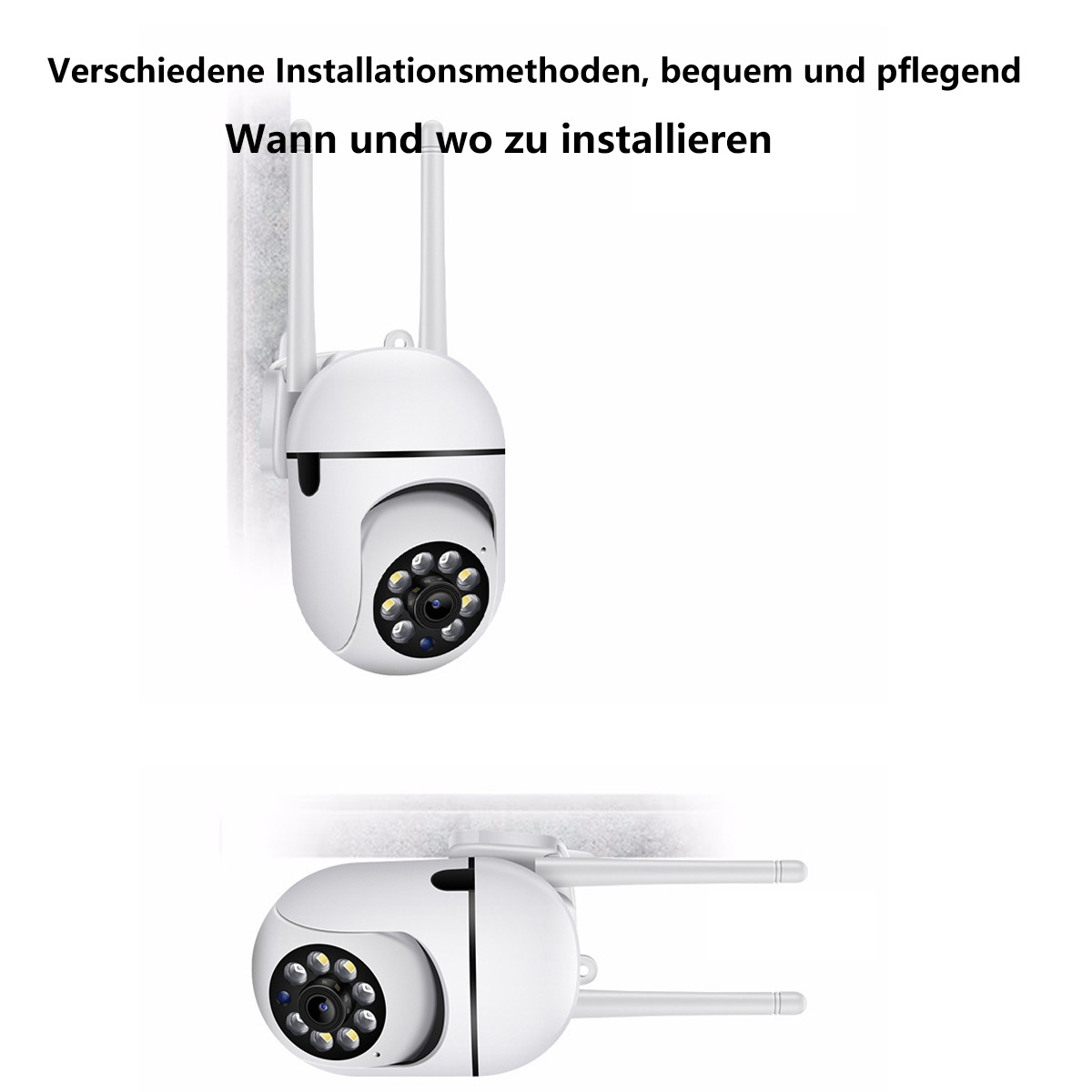 Weiße Überwachungskamera mit Antennen, an einer Wand montiert. Die Kamera blickt nach unten.