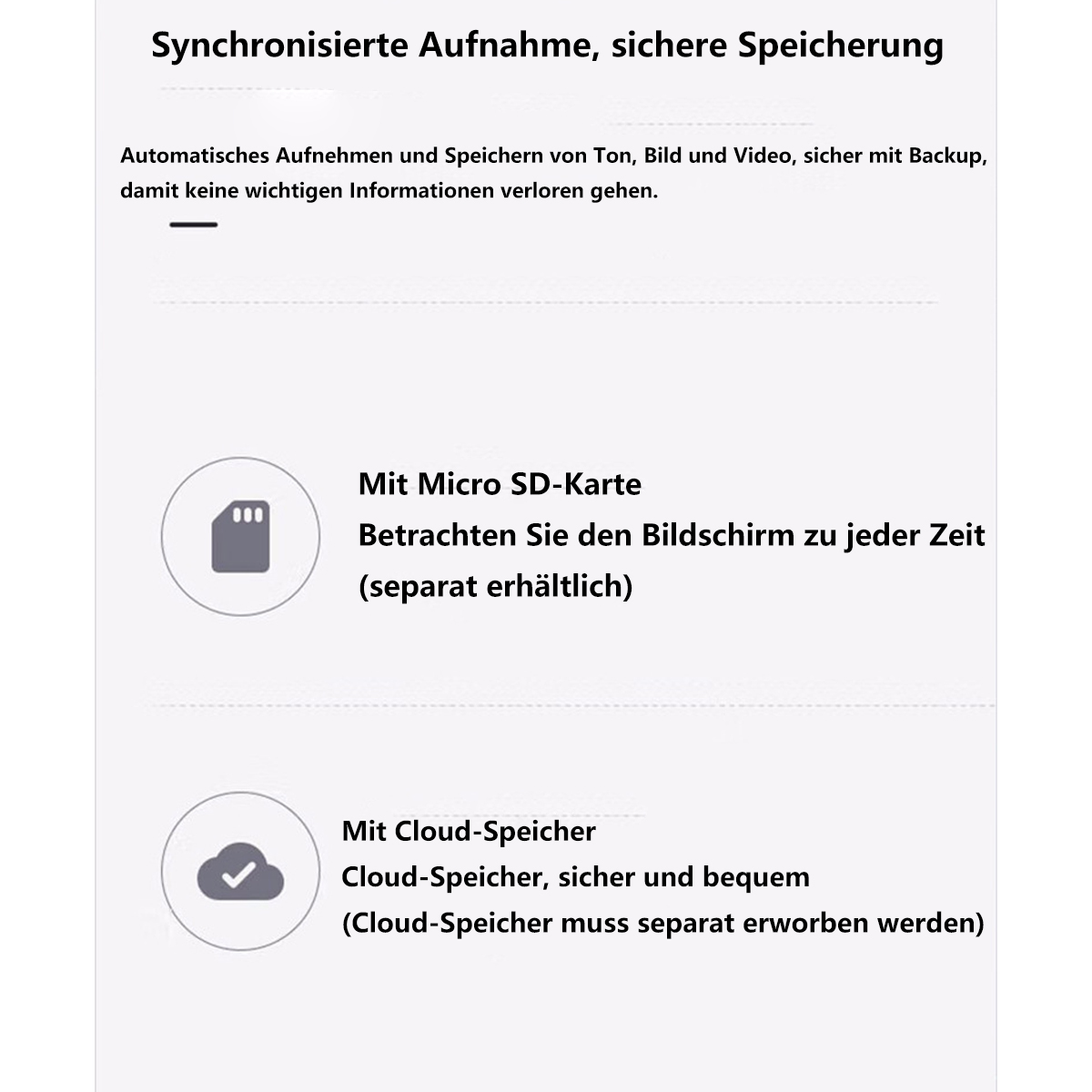 Weißer Hintergrund mit Text über Backup und Cloud-Speicher. Enthält zwei Symbole: eine Micro-SD-Karte und eine Wolke.