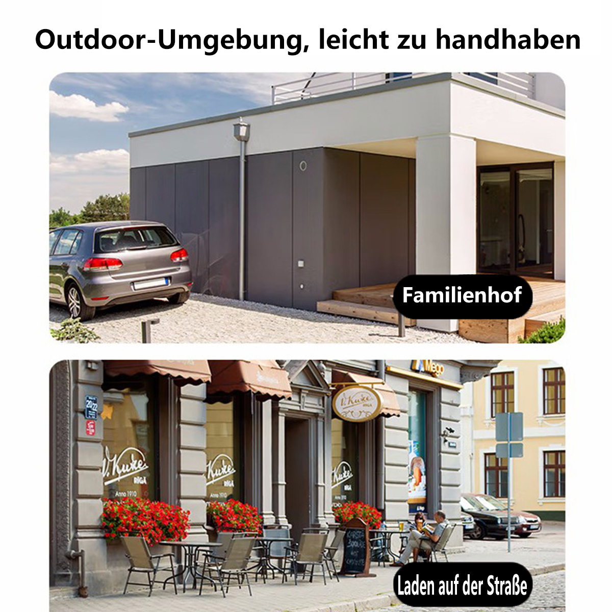 Zwei Fotografien. Die erste zeigt ein Einfamilienhaus. Die zweite zeigt eine Straße mit Geschäften und Cafés.