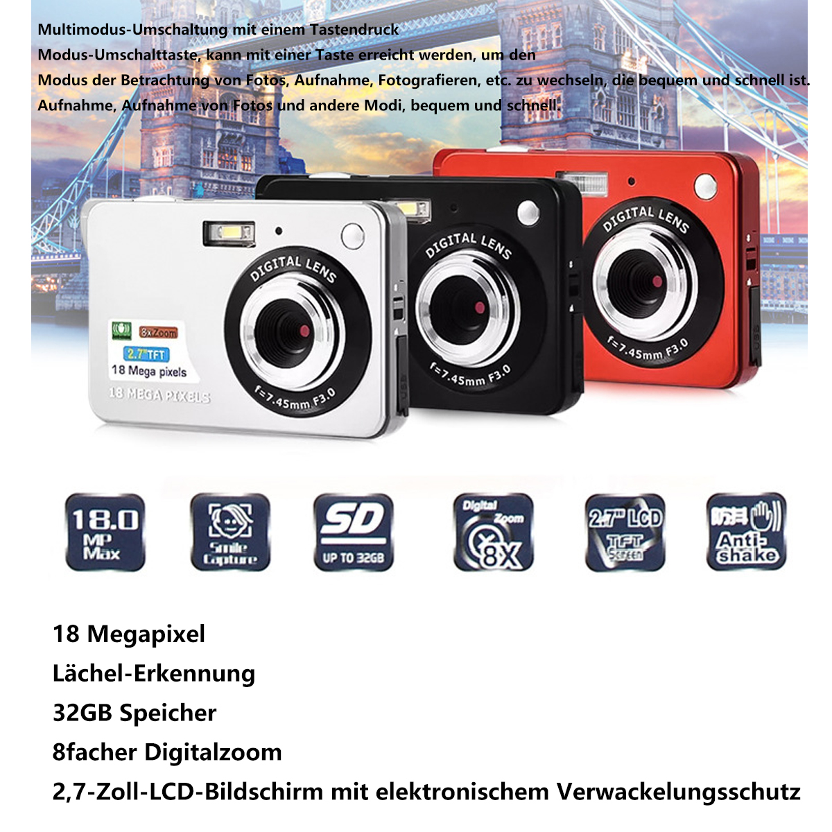 Drei Digitalkameras, weiß, schwarz und rot. Jede hat ein Objektiv und einen Bildschirm, mit Text.