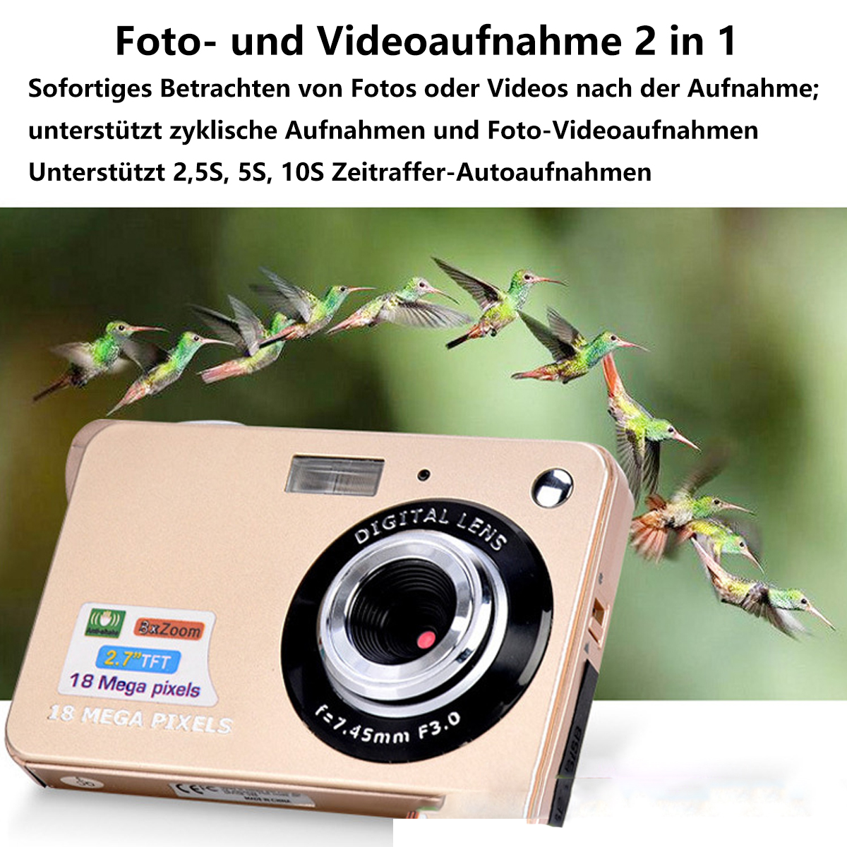 Eine goldene Digitalkamera mit herumfliegenden Kolibris.
