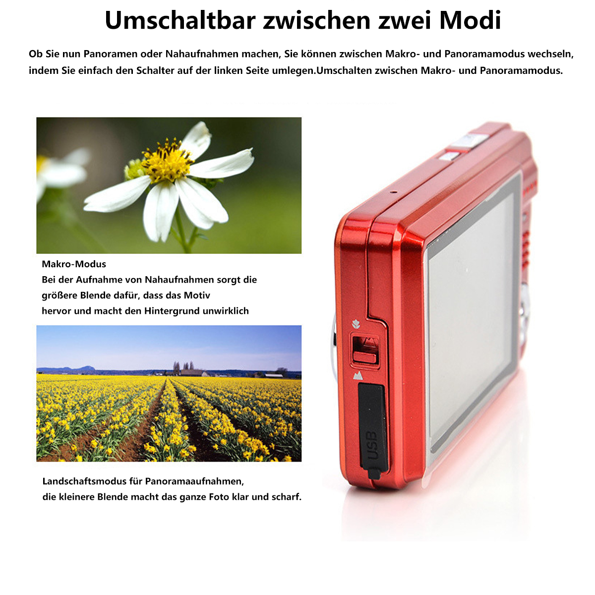 Rote Kamera mit Nah- und Landschaftsmodi, plus Blumen- und Feld-Bilder.