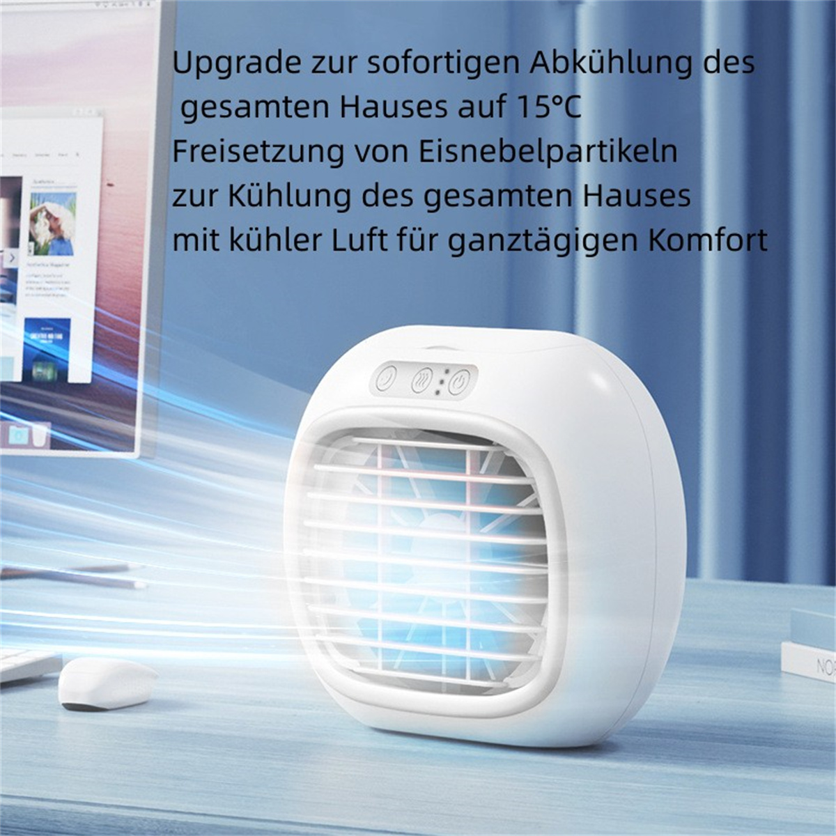Ein weißer Luftkühler mit blauem Licht, Textüberlagerung mit deutscher Beschreibung.