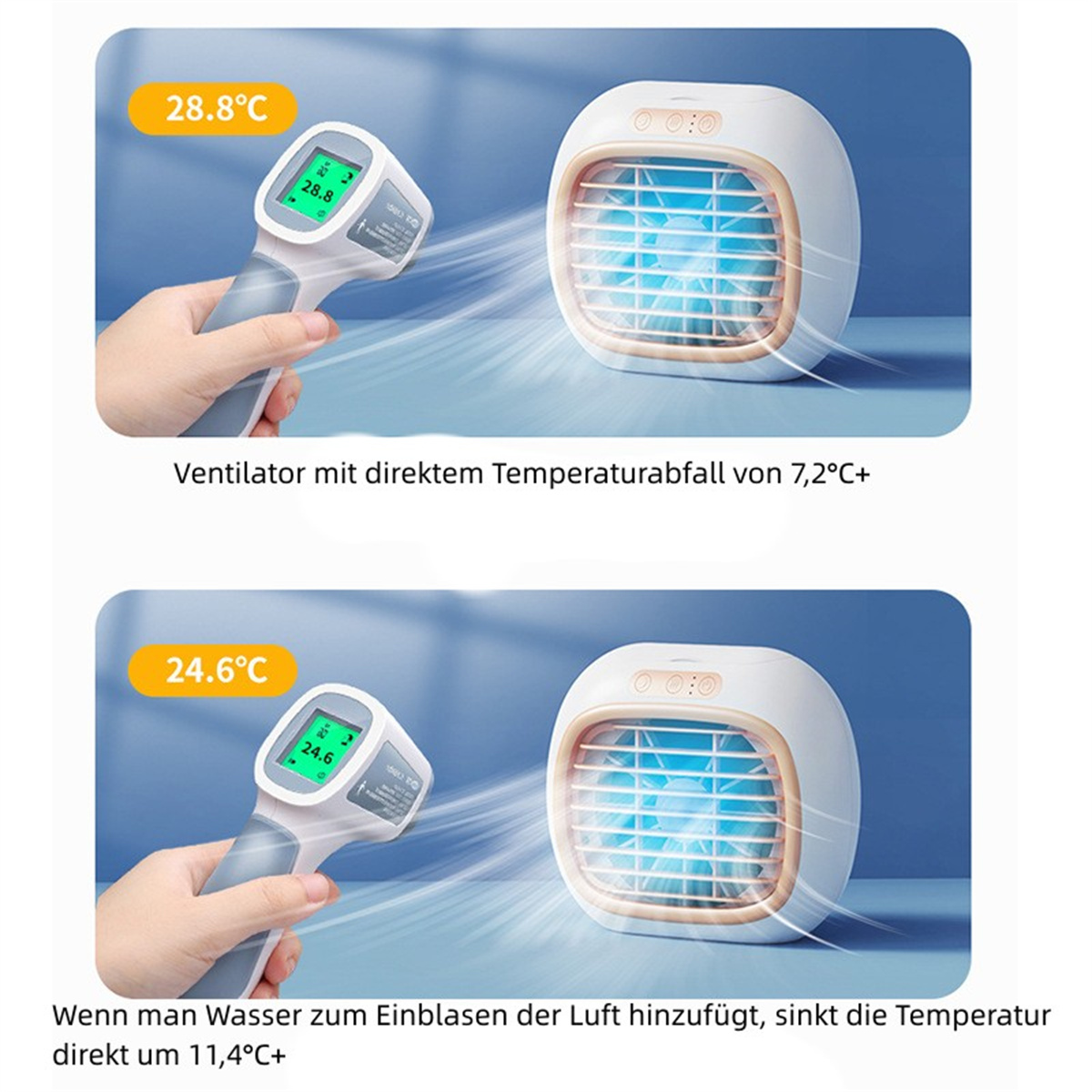 Zwei Bilder zeigen einen tragbaren Luftkühler. Das erste zeigt die Temperatur, das zweite mit Wasser.