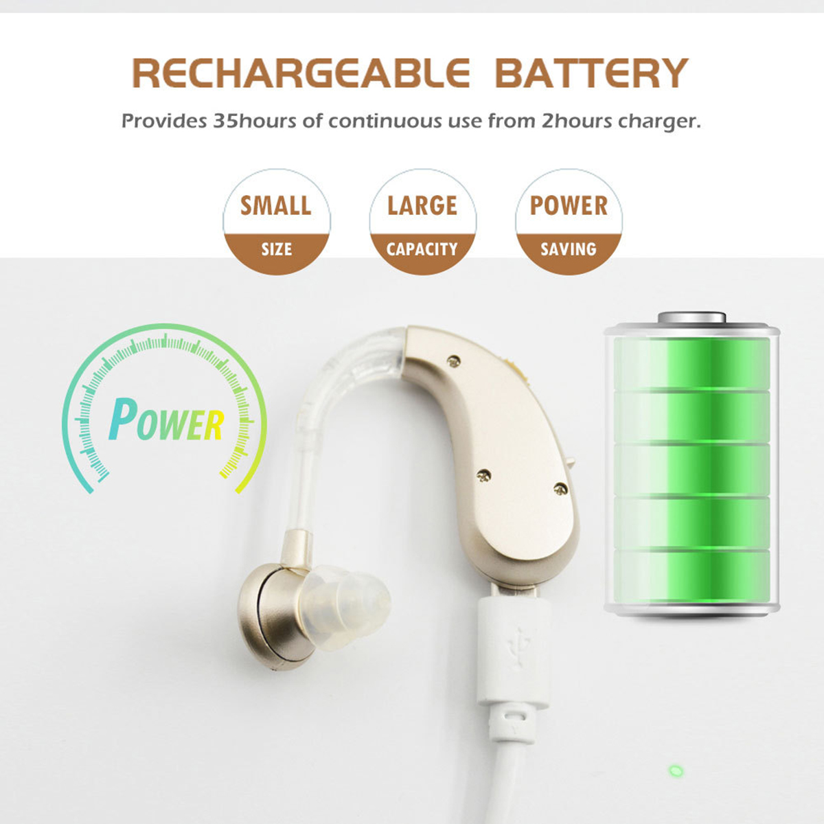 Diagramm, das ein Hörgerät, eine Batterie und Text über Stromsparen und Batterielebensdauer zeigt.