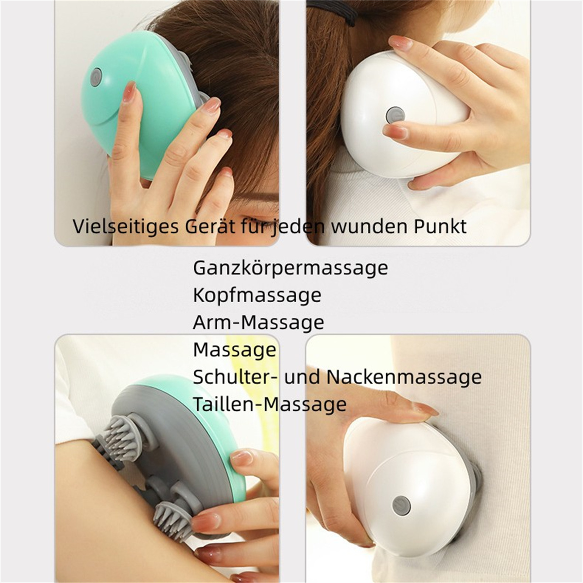 Ein Gerät mit Massageköpfen an Arm, Kopf und Schulter einer Person, weißer Hintergrund.