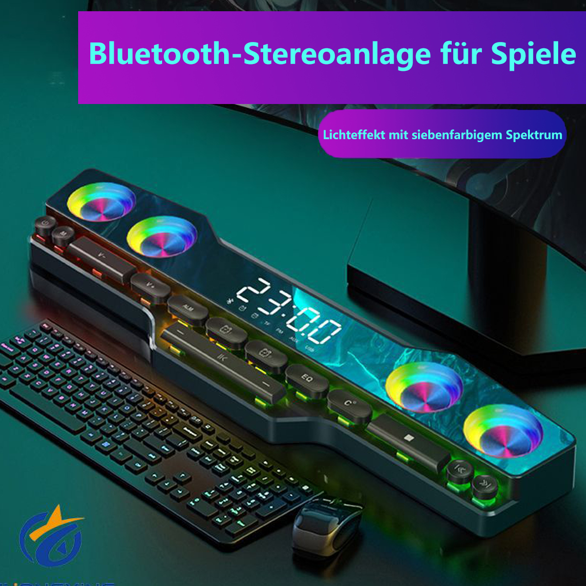 Gaming-Soundbar mit Mehrfachbeleuchtung. Tastatur und Maus davor. Text: Bluetooth-Stereoanlage für Spiele.