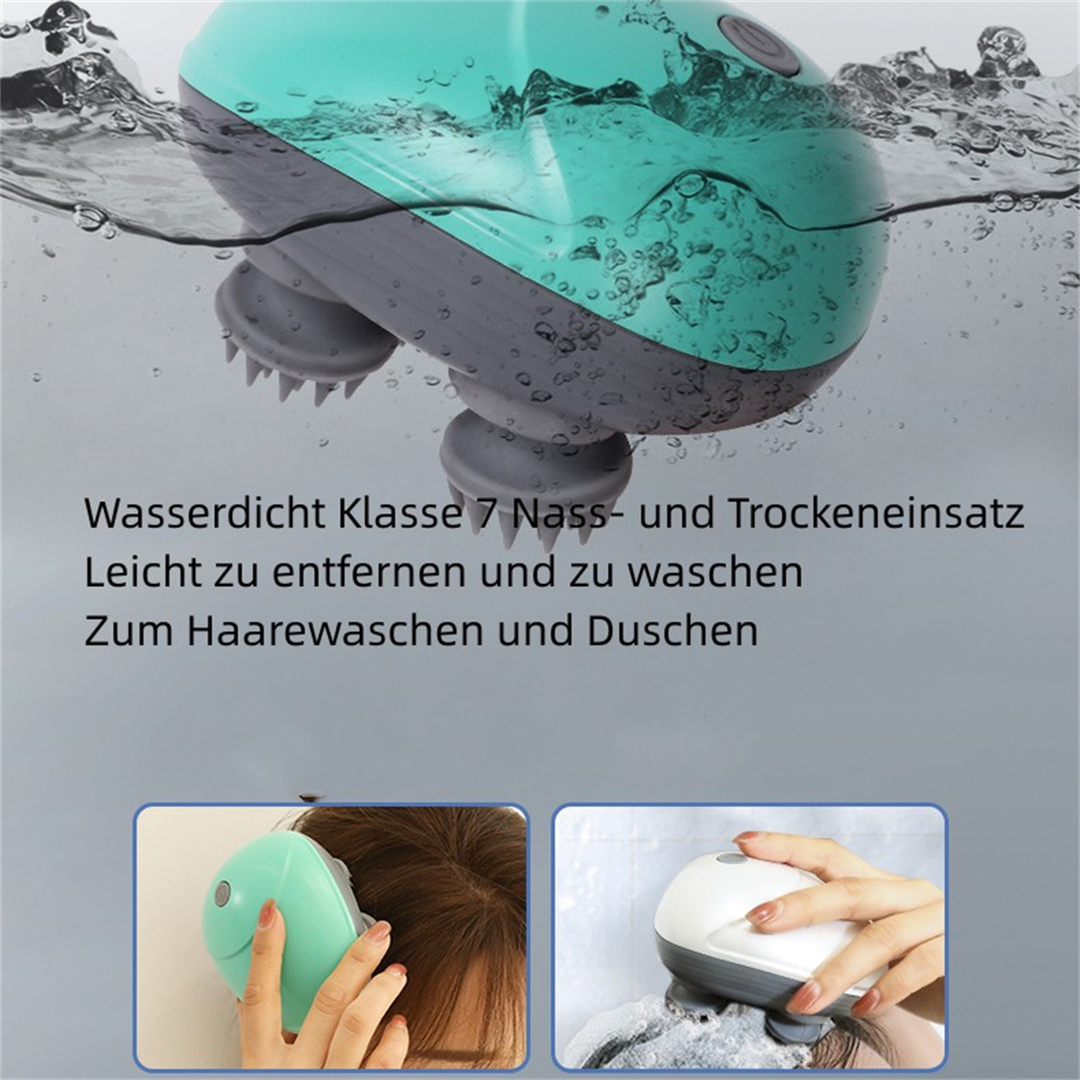 Duschkopf-Massagegerät mit Text und zwei kleineren Bildern zur Verwendung. Wassertröpfchen sichtbar.