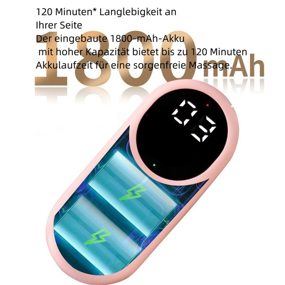 Dispositivo rosa con dos símbolos de batería en una pantalla negra. Se muestra texto sobre la capacidad de la batería de 1800 mAh.
