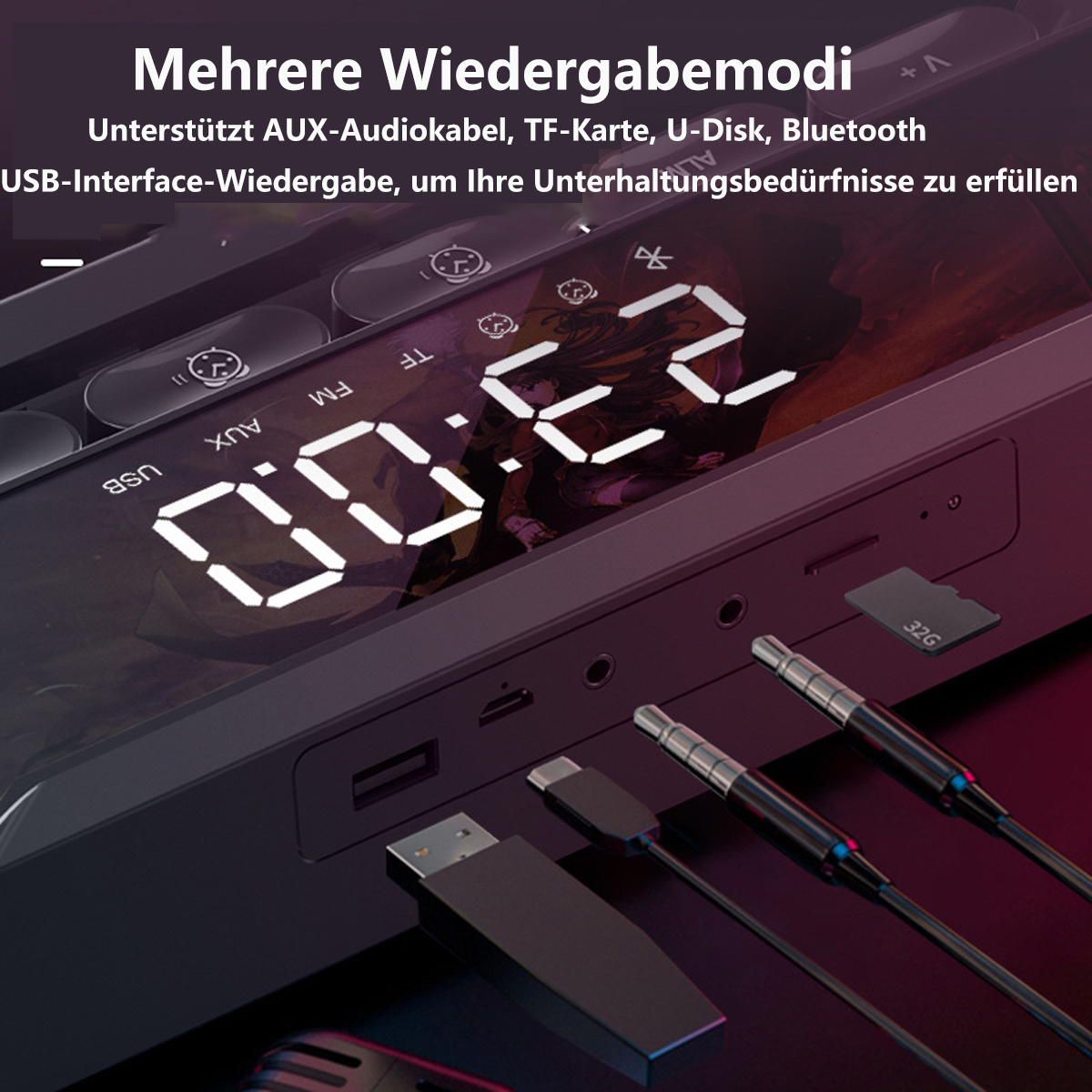 Schwarzes Gerät mit Anzeige 00:22. Kabel und Anschlüsse sind angeschlossen.