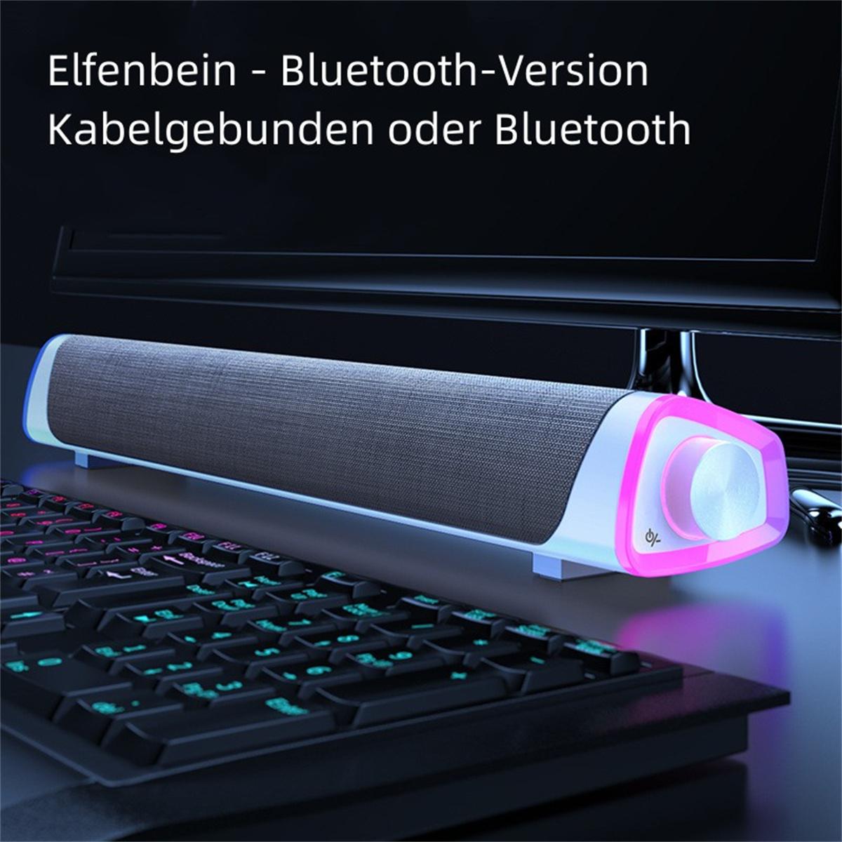 Ein grauer Soundbar-Lautsprecher mit Stofffront, beleuchtet mit rosa und blauem Licht.