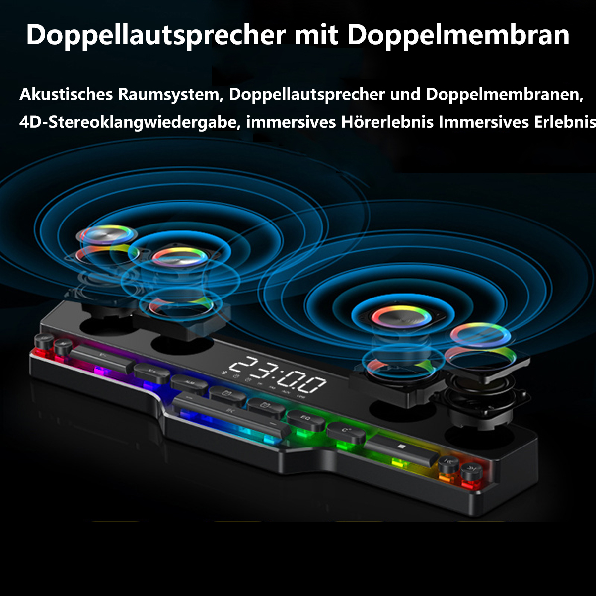 Eine schwarze Soundbar mit bunten Lichtern und digitaler Anzeige, mit mehreren Lautsprechern.