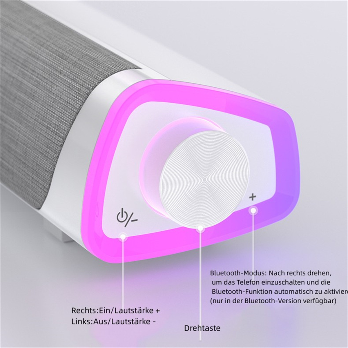 Nahaufnahme einer Soundbar mit beleuchteten Akzenten und Bedienknopf.