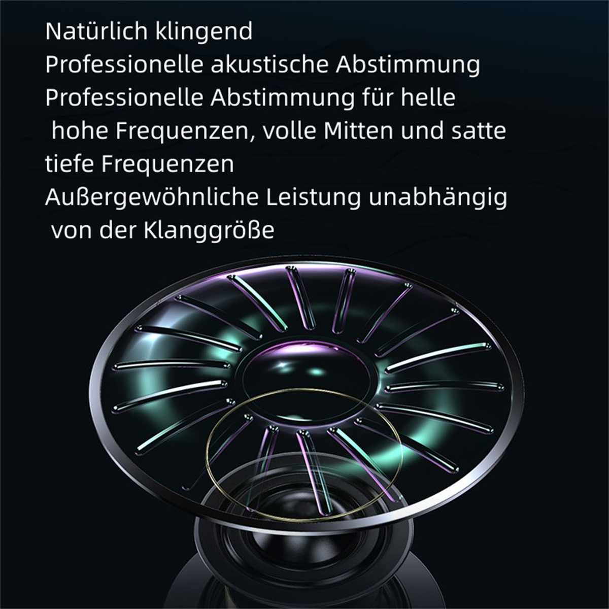 Nahaufnahme eines Lautsprechers. Transparenter Lautsprecherteil mit Text darüber. Schwarzer Hintergrund.