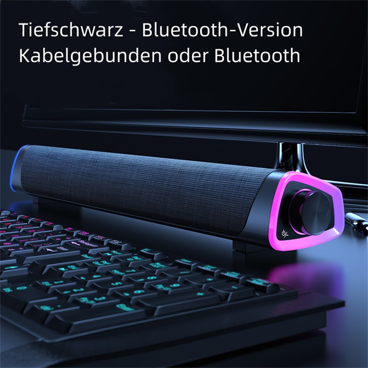 Ein schwarzer Lautsprecher mit Lichtern, einer Tastatur und einem Monitor.
