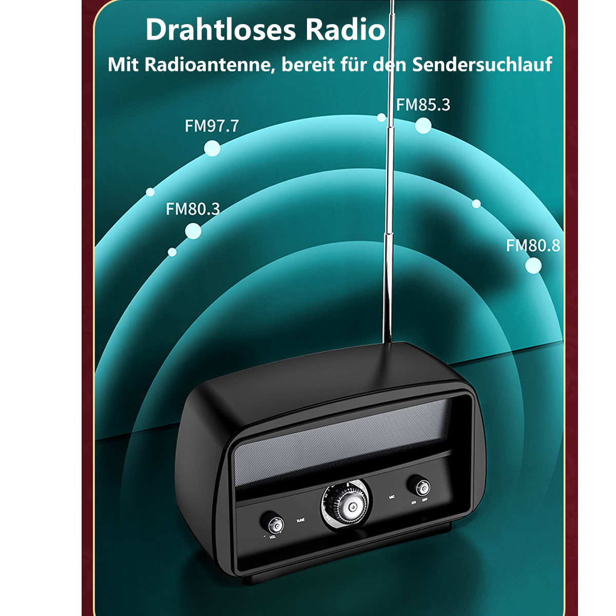 Schwarzes Retro-Radio mit Digitalanzeige, Antenne und UKW-Frequenzen.