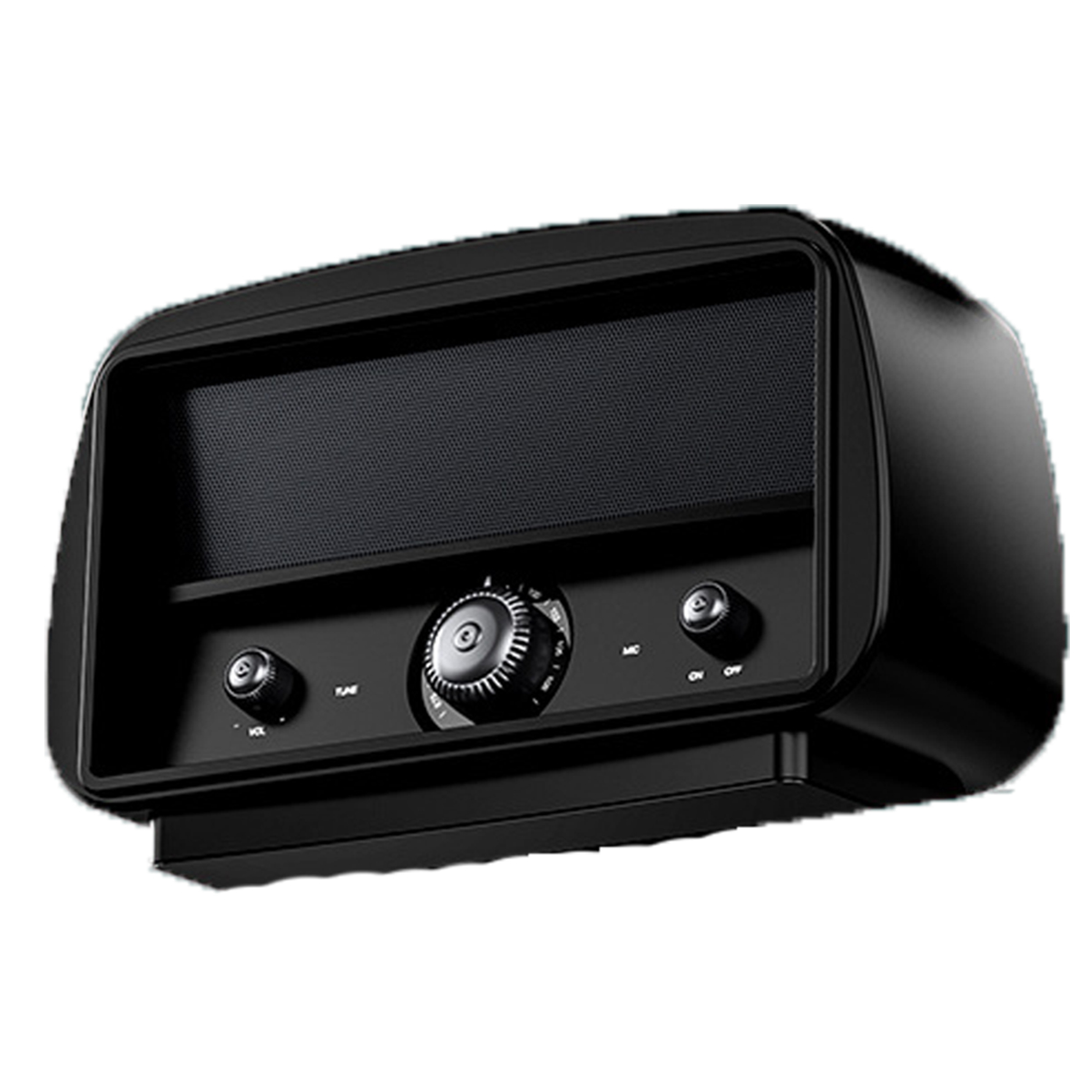 Radio negro de estilo retro. Tiene un altavoz, perillas de volumen, sintonización y encendido/apagado. El fondo es blanco.