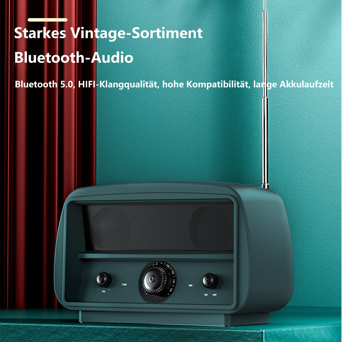 Ein Retro-Radio in Teal mit Knöpfen, einem Drehknopf und einer Antenne auf Teal- und Burgunderhintergrund.