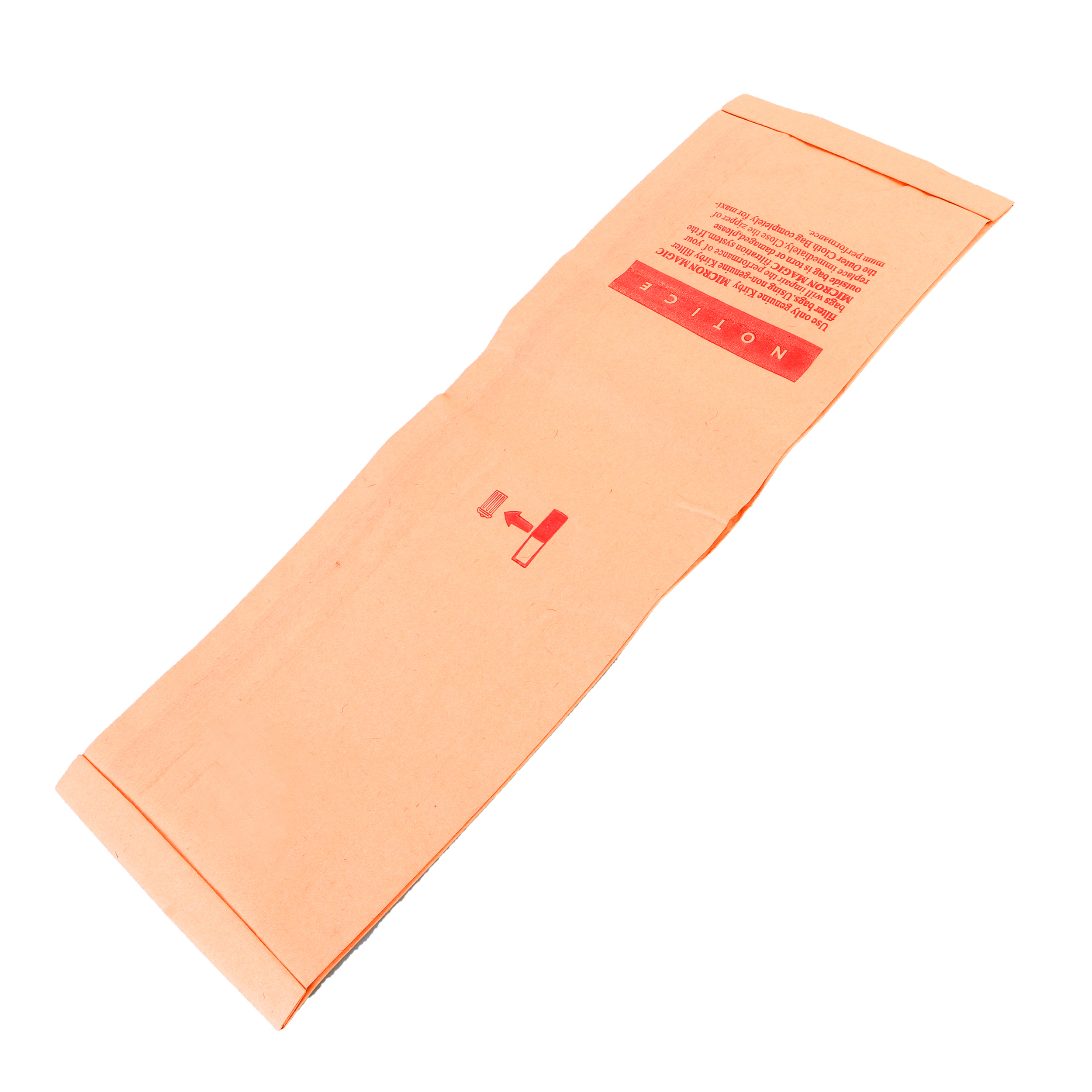 Orangener Umschlag mit Text und einem Pfeilsymbol. Die Oberseite ist offen.