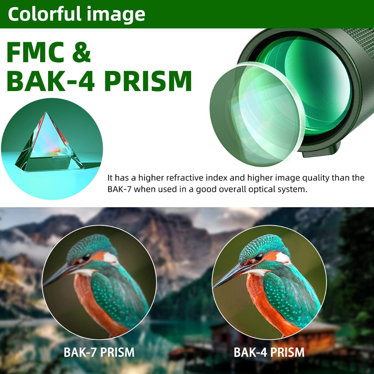 Diagrama que compara los prismas BAK-7 y BAK-4. Muestra un prisma, textos e imágenes de un pájaro.