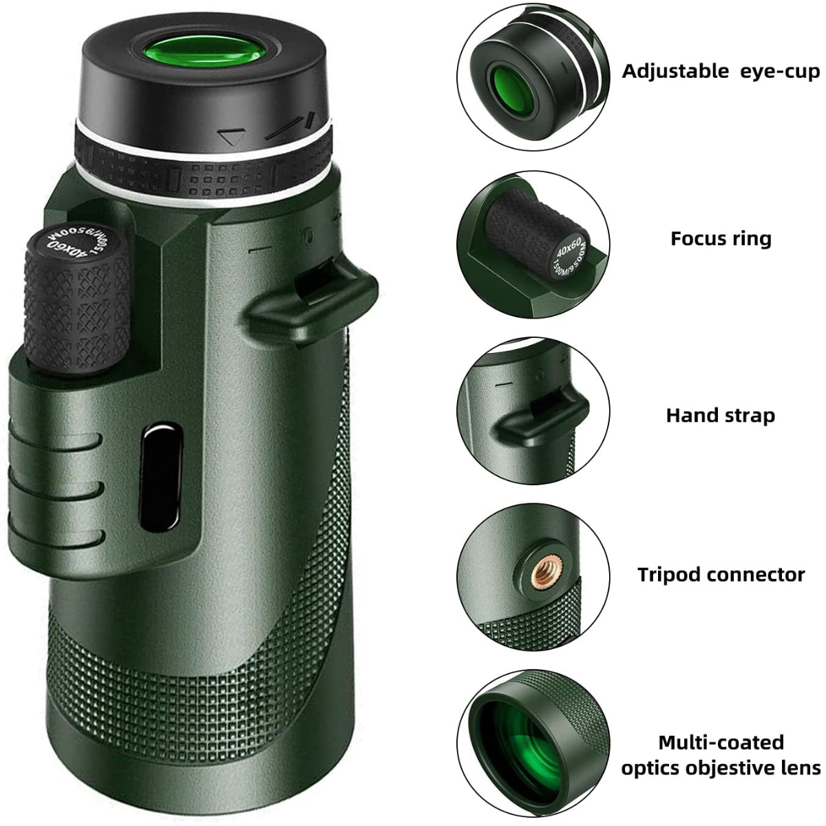 Un monocular verde oscuro, anillo de enfoque, copa ocular ajustable y lente objetivo multicapa.