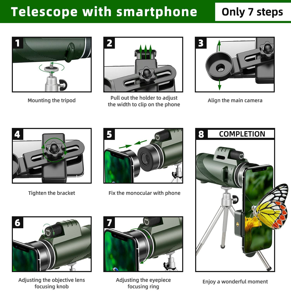 Telescopio con accesorio para smartphone, guía paso a paso: montaje del trípode, ajuste, enfoque, visualización.