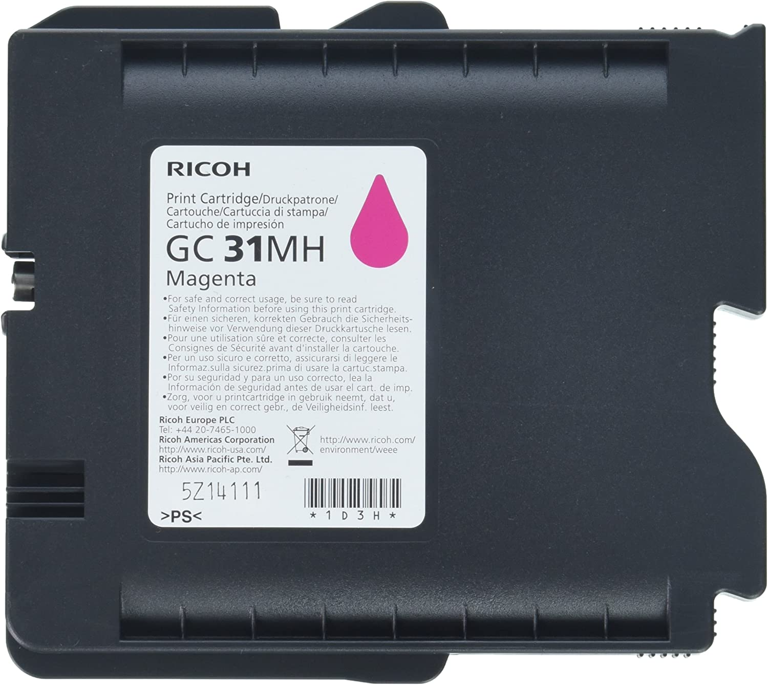 Cartuccia di stampa Ricoh GC 31MH Magenta con avvisi e codice a barre.