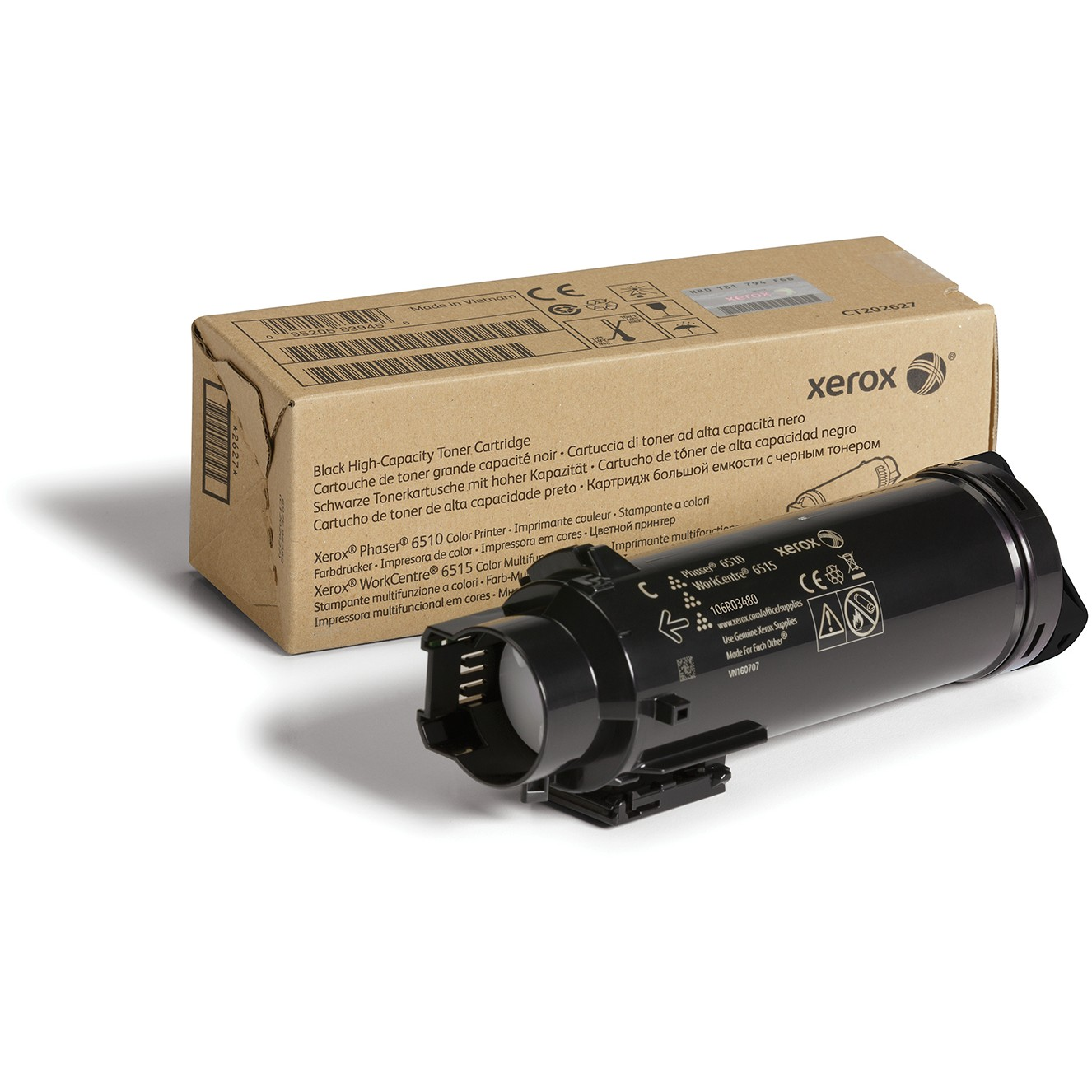 Xerox tonercartridge en doos. Zwarte cartridge, doos met tekst en logo. Witte achtergrond.