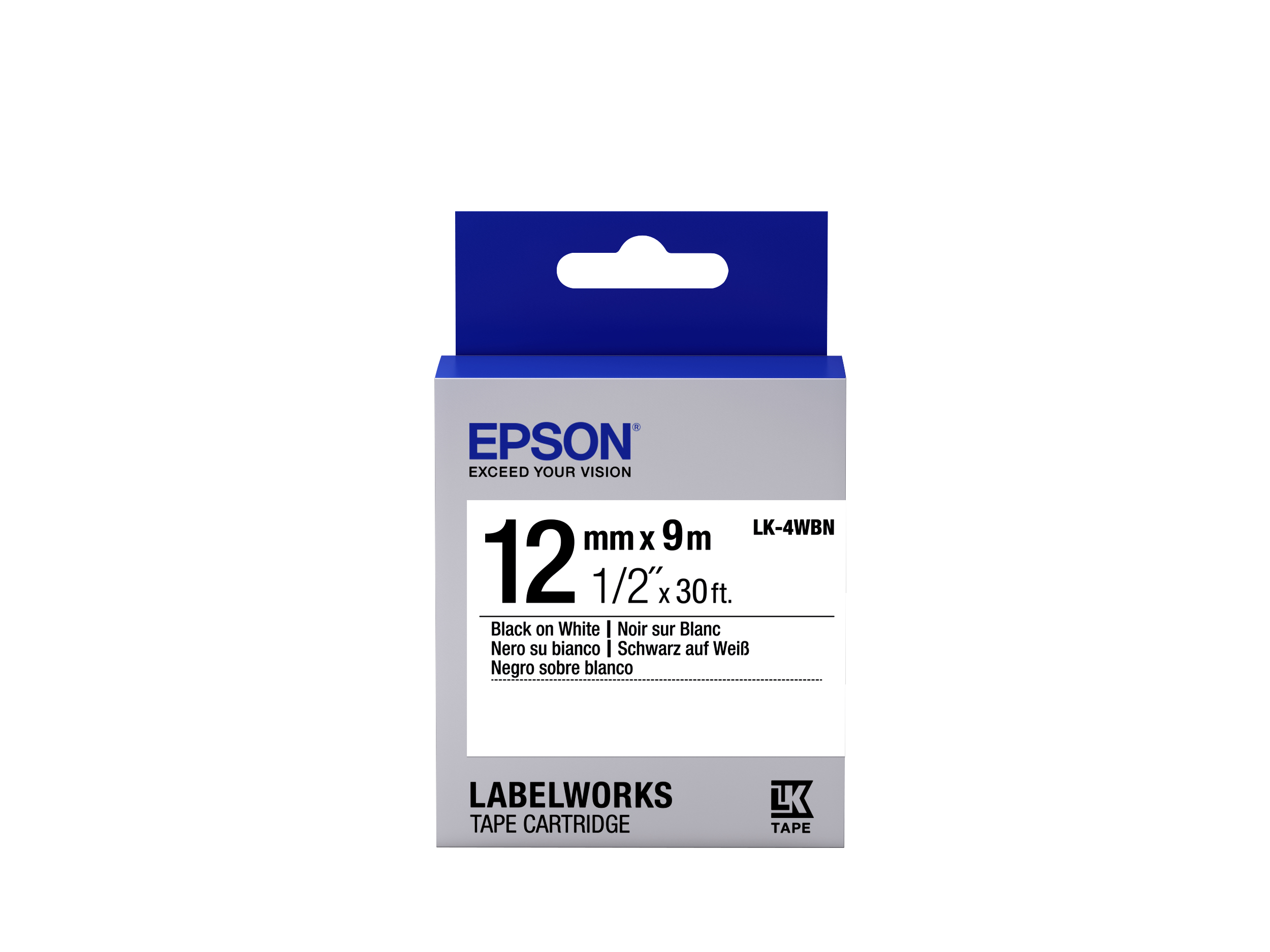 Una caja de cartuchos de cinta Epson LabelWorks, principalmente blanca y azul, con texto y marca. La caja tiene una etiqueta blanca.