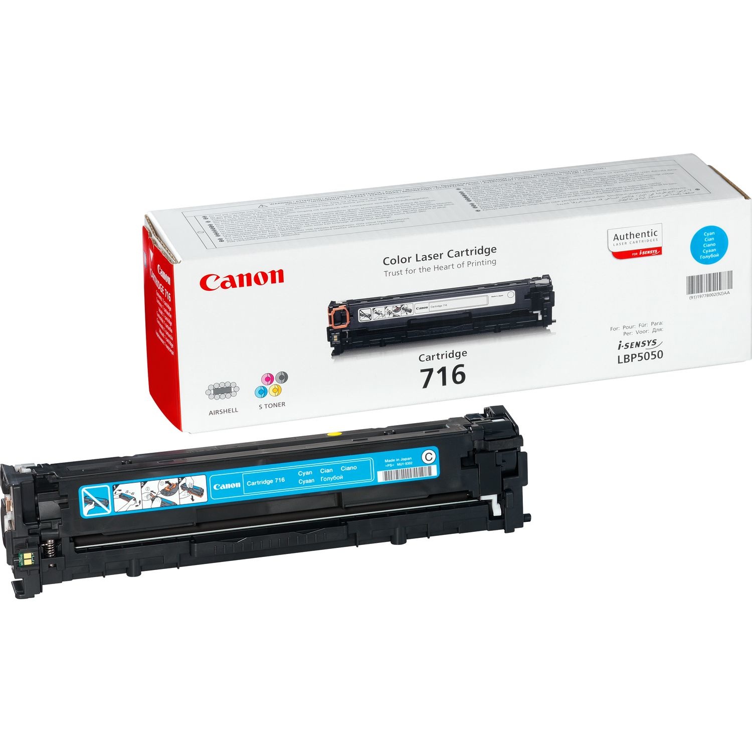 Une cartouche laser couleur cyan Canon 716 et sa boîte sont montrées.