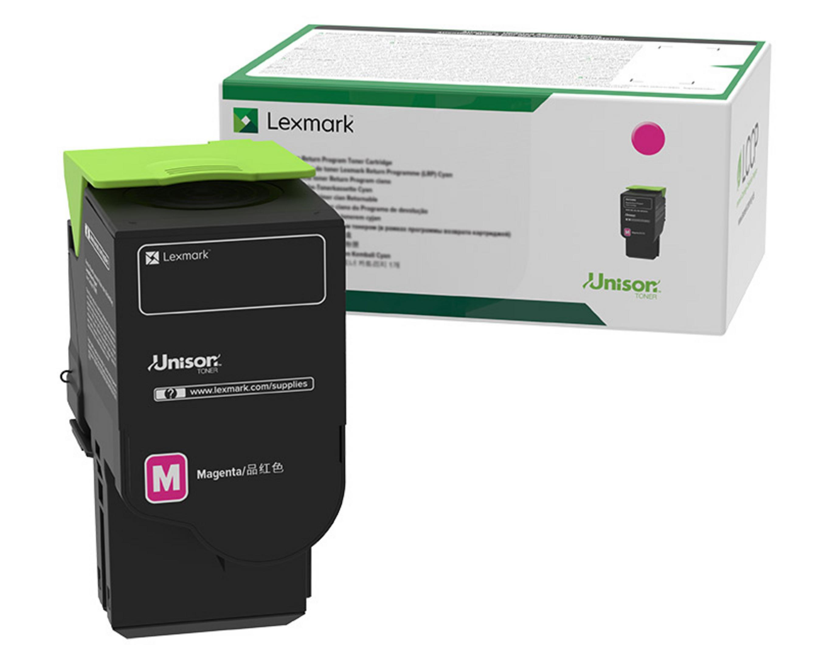 Wkład atramentowy Lexmark z wkładem magenta i pudełkiem, oba z informacjami o produkcie.