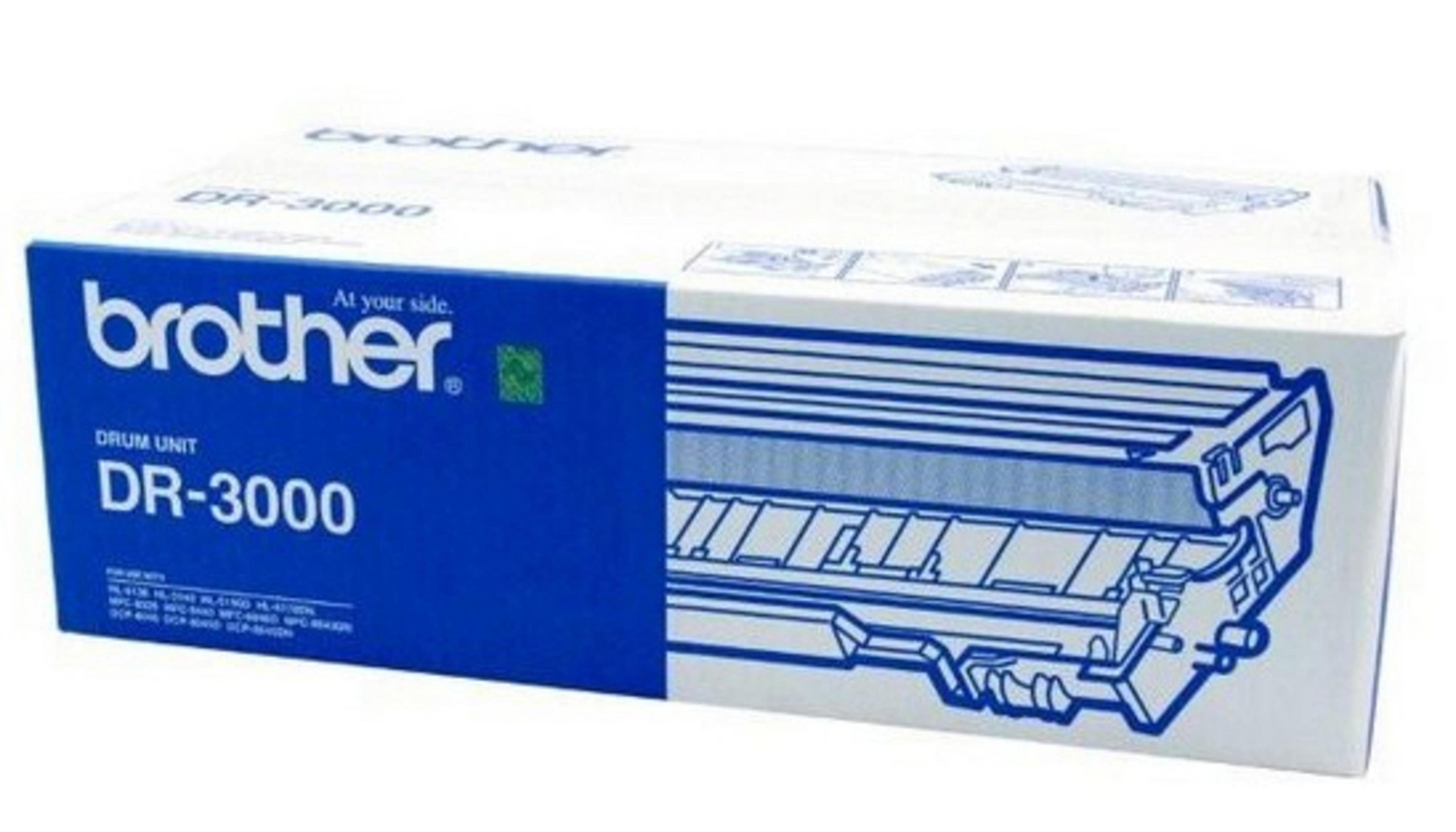 Eine blau-weiße Box mit einer Druckertrommeleinheit im Inneren. Der Text auf der Box lautet 'brother' und 'DR-3000'.