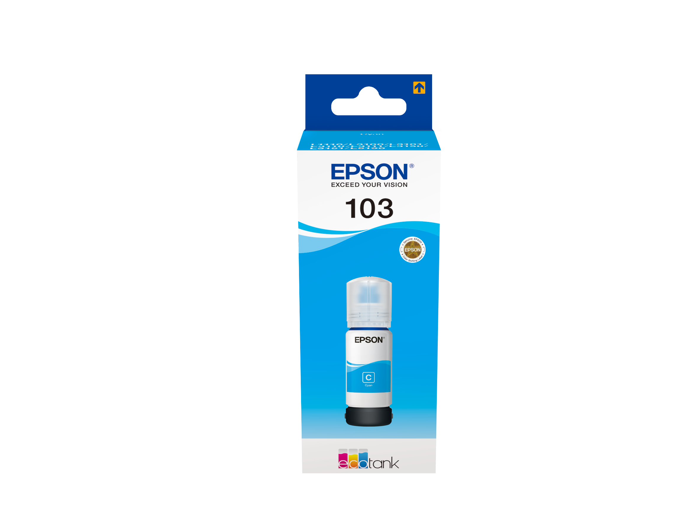 Scatola di cartucce di inchiostro Epson con sfondo blu e flacone di inchiostro turchese all'interno.