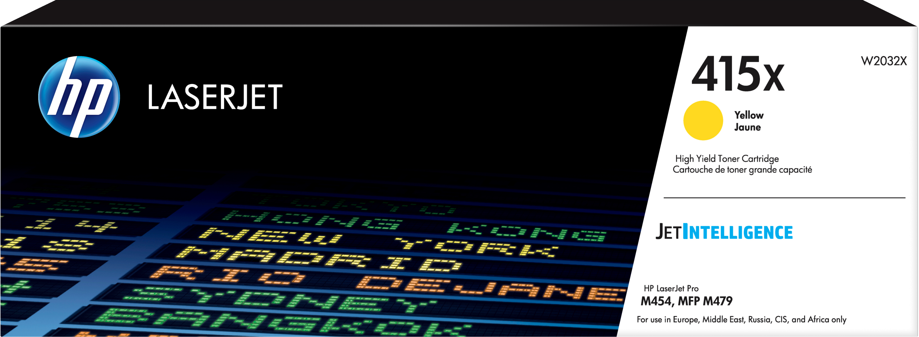 Pudełko z tonerem HP Laserjet. Pudełko zawiera zdjęcia miast i słowa 'Yellow Toner'.