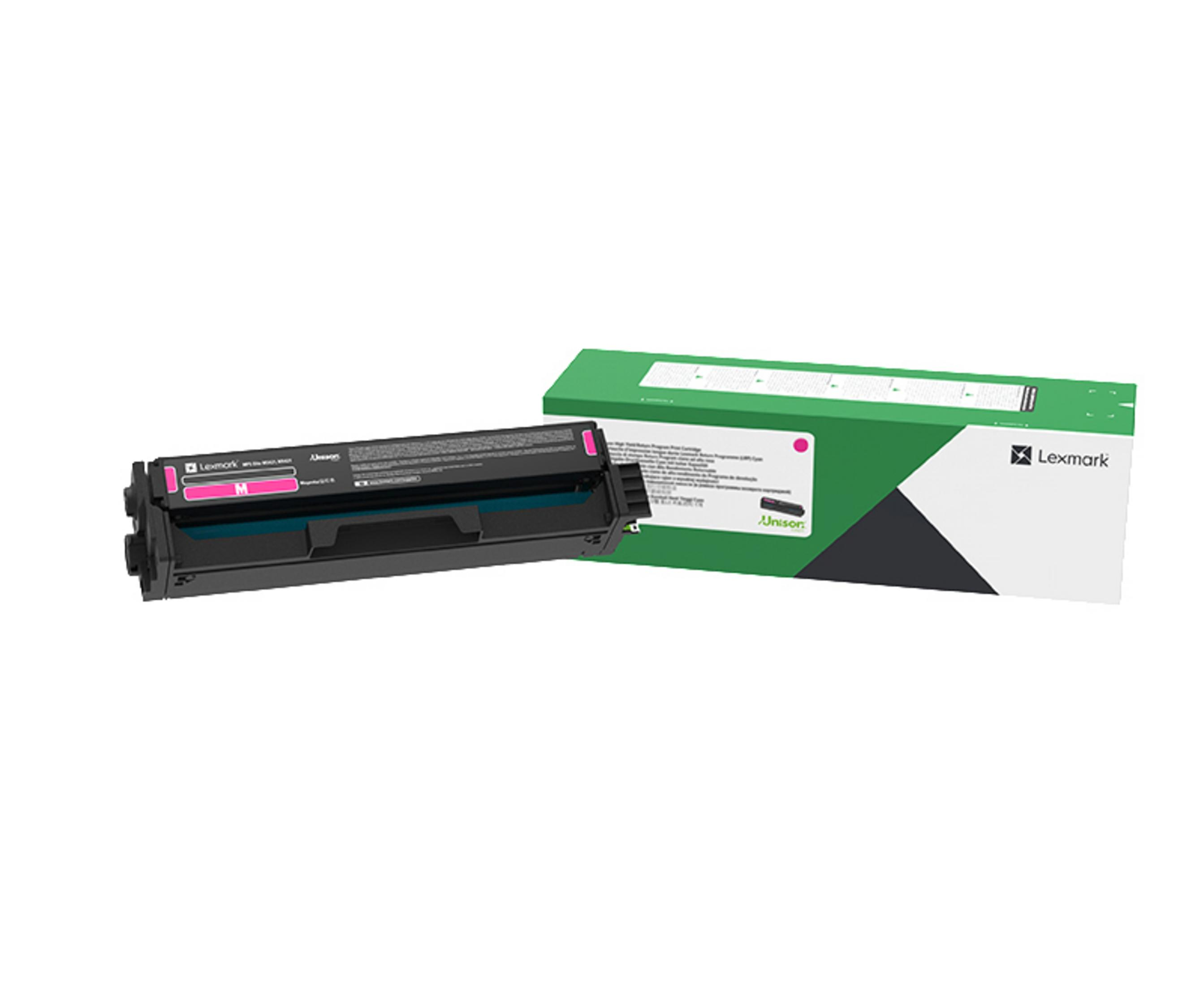 Toner magenta Lexmark i pudełko na białym tle. Logo Lexmark jest widoczne.