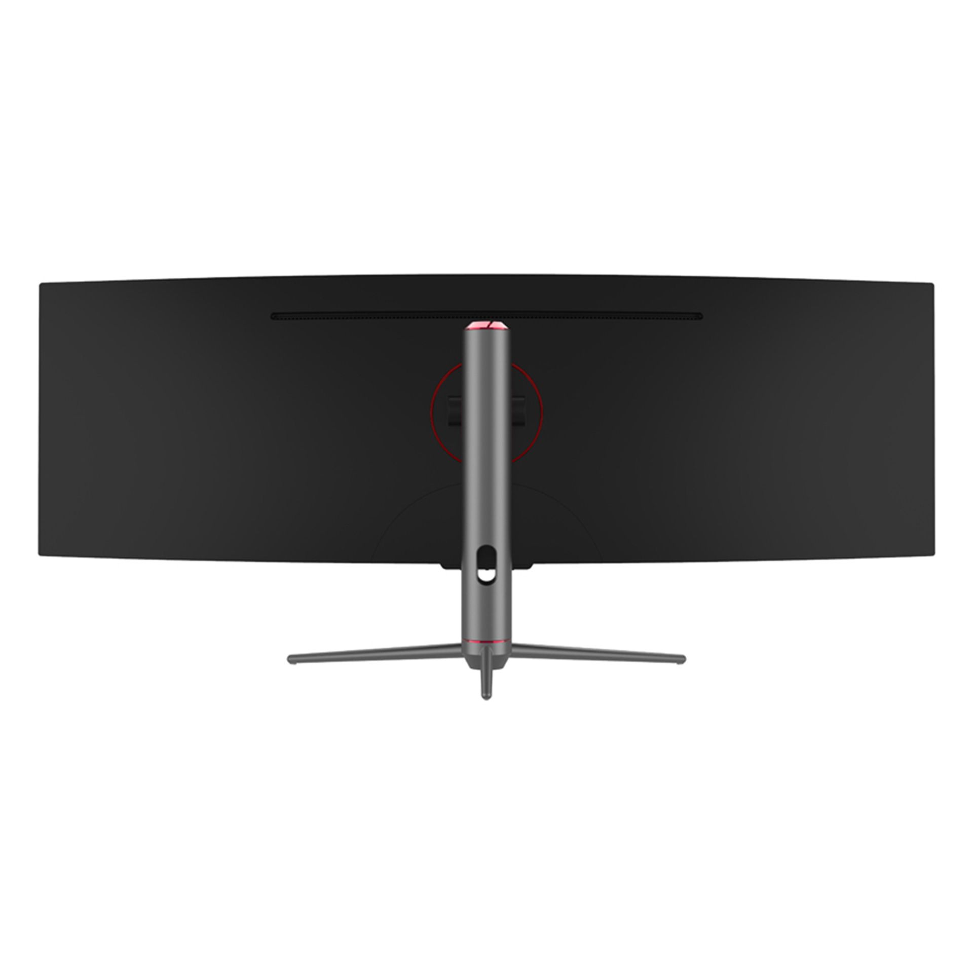 Tył zakrzywionego monitora, czarny z czerwonym stojakiem i okrągłym wzorem.